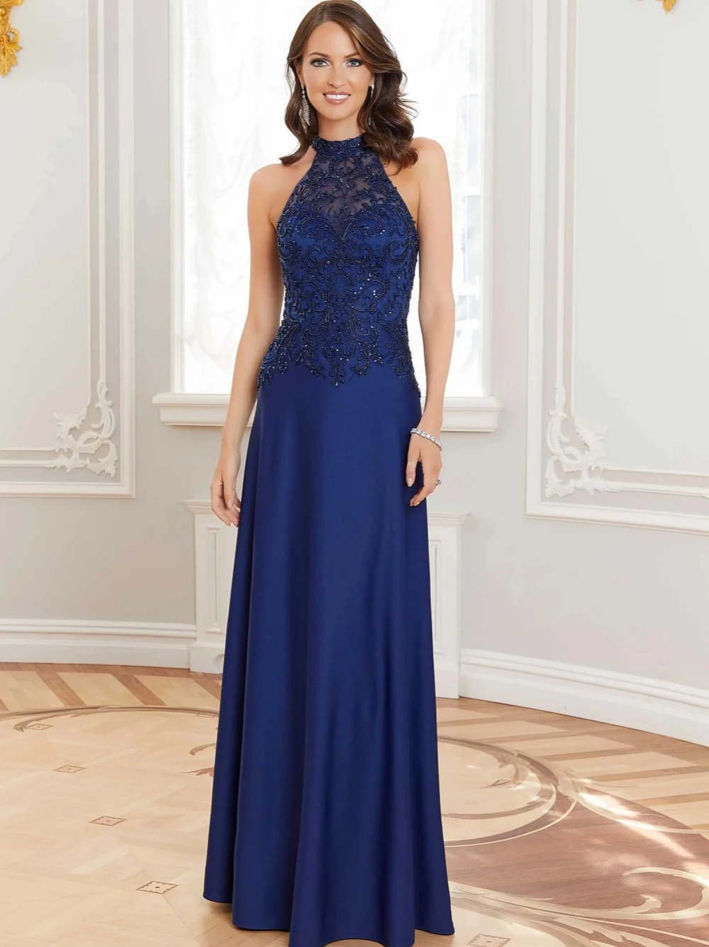 Elegante vestido de noite longo de cetim com miçangas brilhantes e lantejoulas, vestido Halter para a mãe da noiva, apliques modernos, vestido de baile para casamento