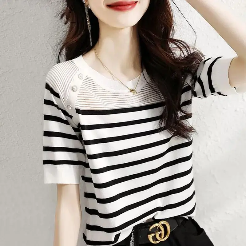 Striped T-Shirt Women Tee Shirt Femme Summer Thin Ice Silk Knit T-Shirts Short Sleeve Womens Clothing Camisetas Mujer A205