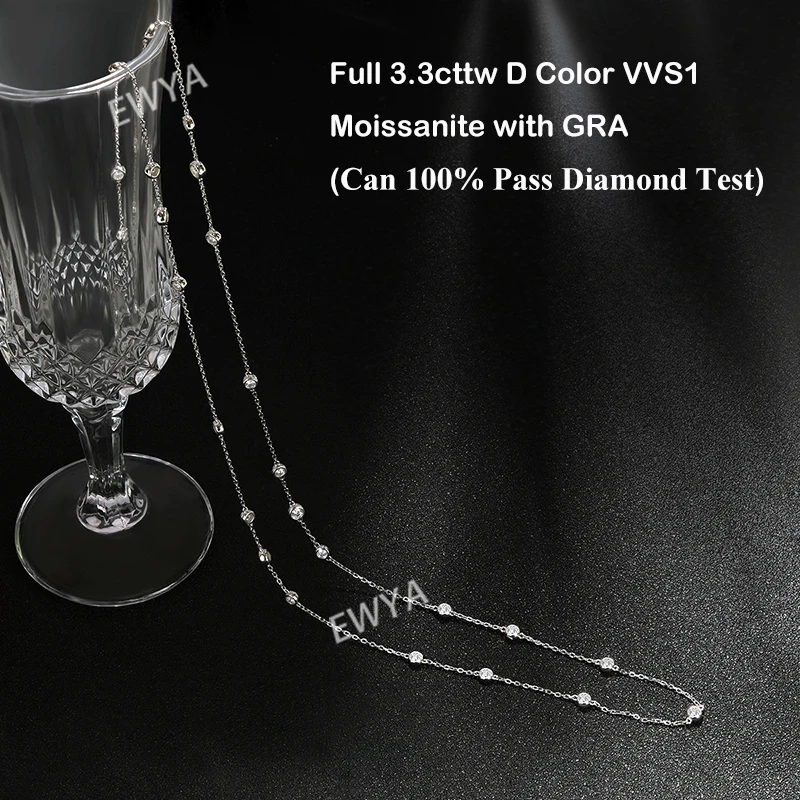 EWYA Luxury D Color Full 3/3.5mm Round Bubble Moissanite Diamond Tennis Necklace for Women Party S925 Silver 2-Layer Neck Chain