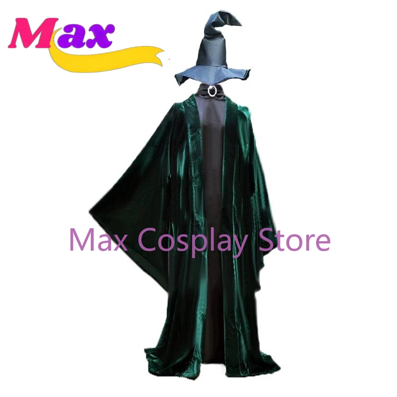 Max Cos Minerva McGonagall Dress Cosplay Costume Dark Green Cloak Trench Coat Outfits New With Hat