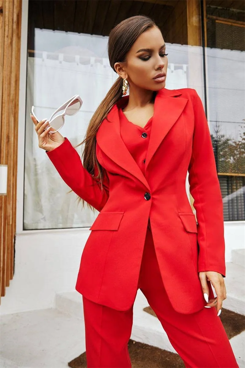 Rode Vrouwen Suits Office Sets 3 Pcs Business Custom Made Blazer + Vest + Broek Formele Kantoor Dame Enkele Breasted avond Prom Dress