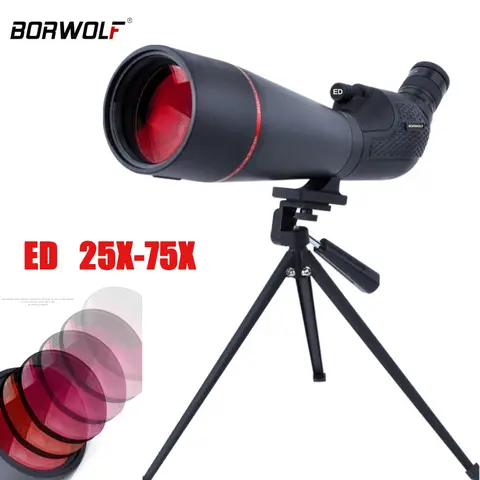 BORWOLF 25-75x80 망원경 스포팅 스코프 강력한 줌 단안 BAK4 방수 조류 관찰용 삼각대 포함 타겟 슈팅