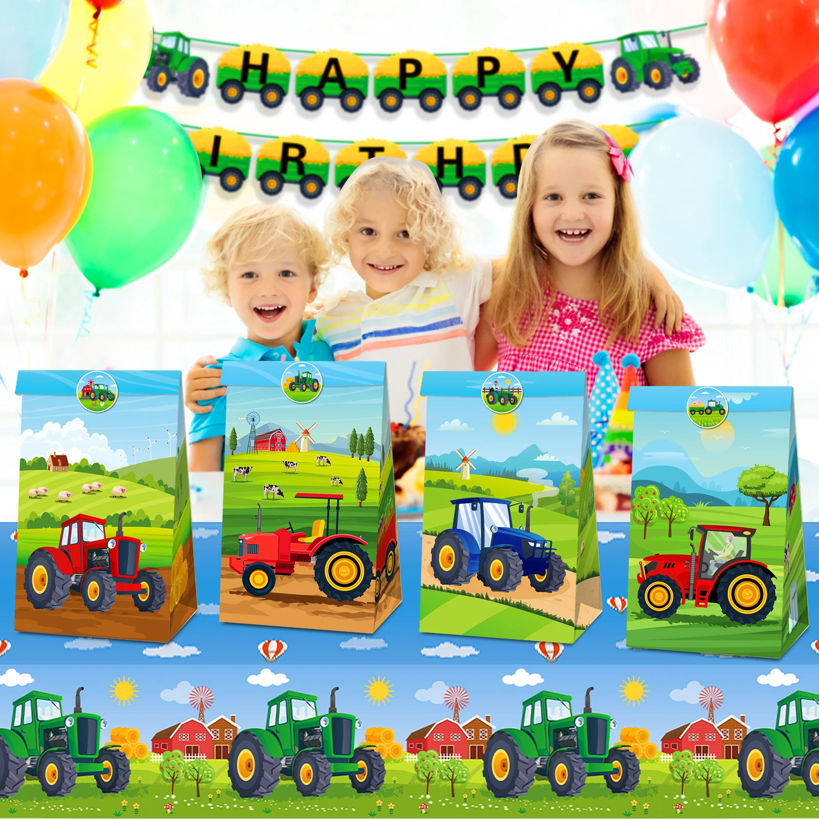 

LB205 12Pcs Cartoon Kraft Paper Gift Bags Stickers Tractor Farm Tools Truck Birthday Party Candy Toys Packing Baby Shower