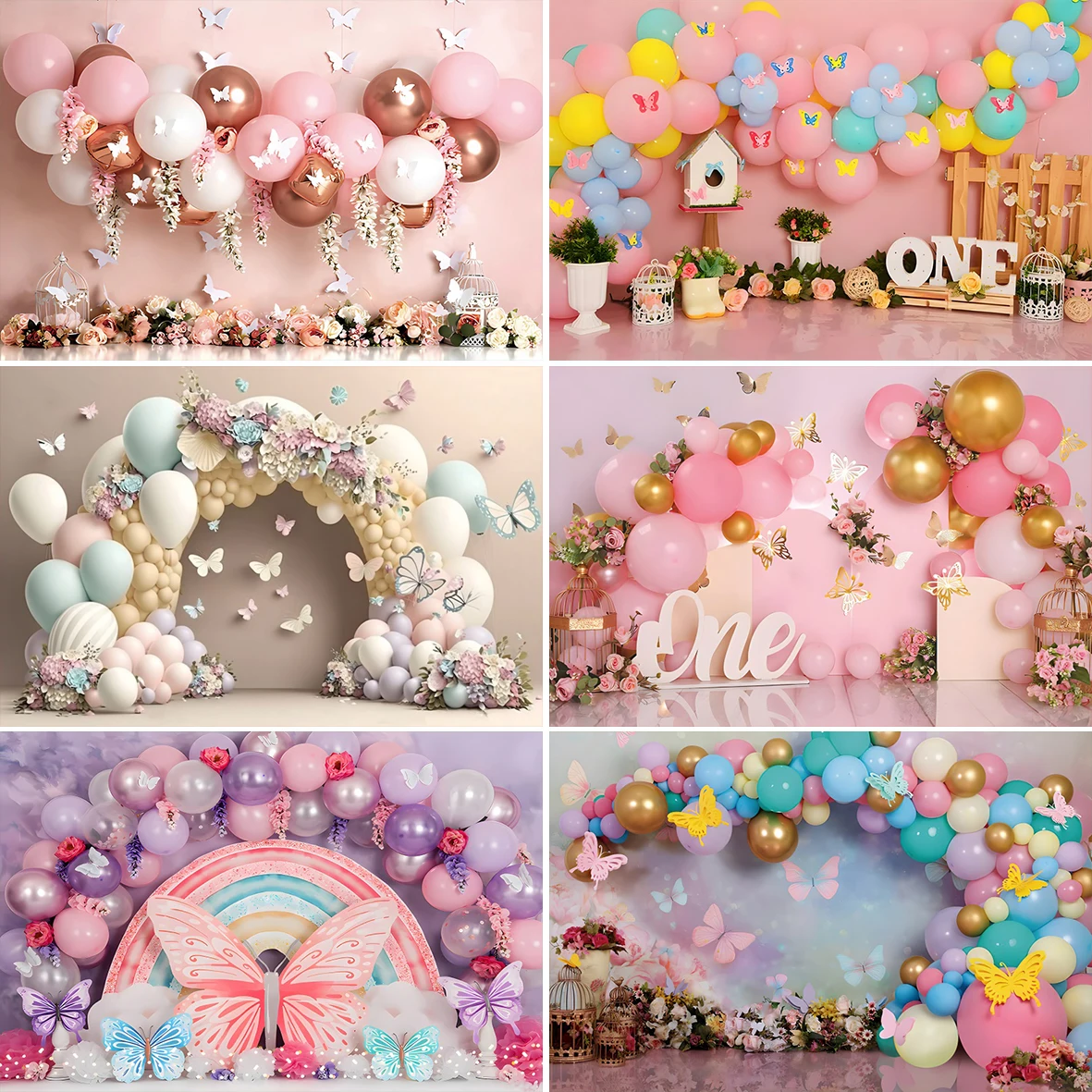 Flowers Butterfly Girls Birthday Backdrop Balloons Arch Door Baby Shower Cake Smash Portrait Photography Background Photo Studio