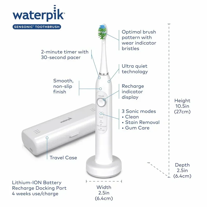 Qwwaterpic sensonic sonic electric toothbrush,rechargeable toothbrush for adults with 3 modes,travel case,USB charger,White St