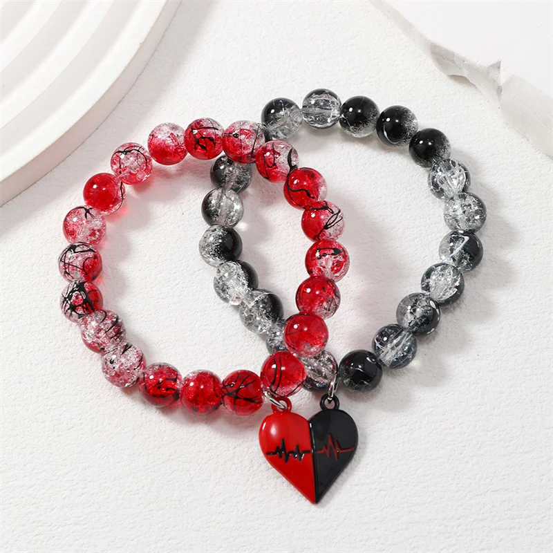 2Pcs Romantic ECG Heart Charms Couple Bracelet For Lover Women Men Magnetic Red Black Beaded Bracelets Party Jewelry Gifts