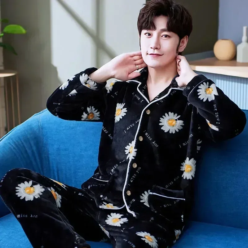 Пижамы, фланелевые флисовые зимние комплекты, мужские пижамы, бархатная домашняя одежда, плотная мужская теплая милая одежда