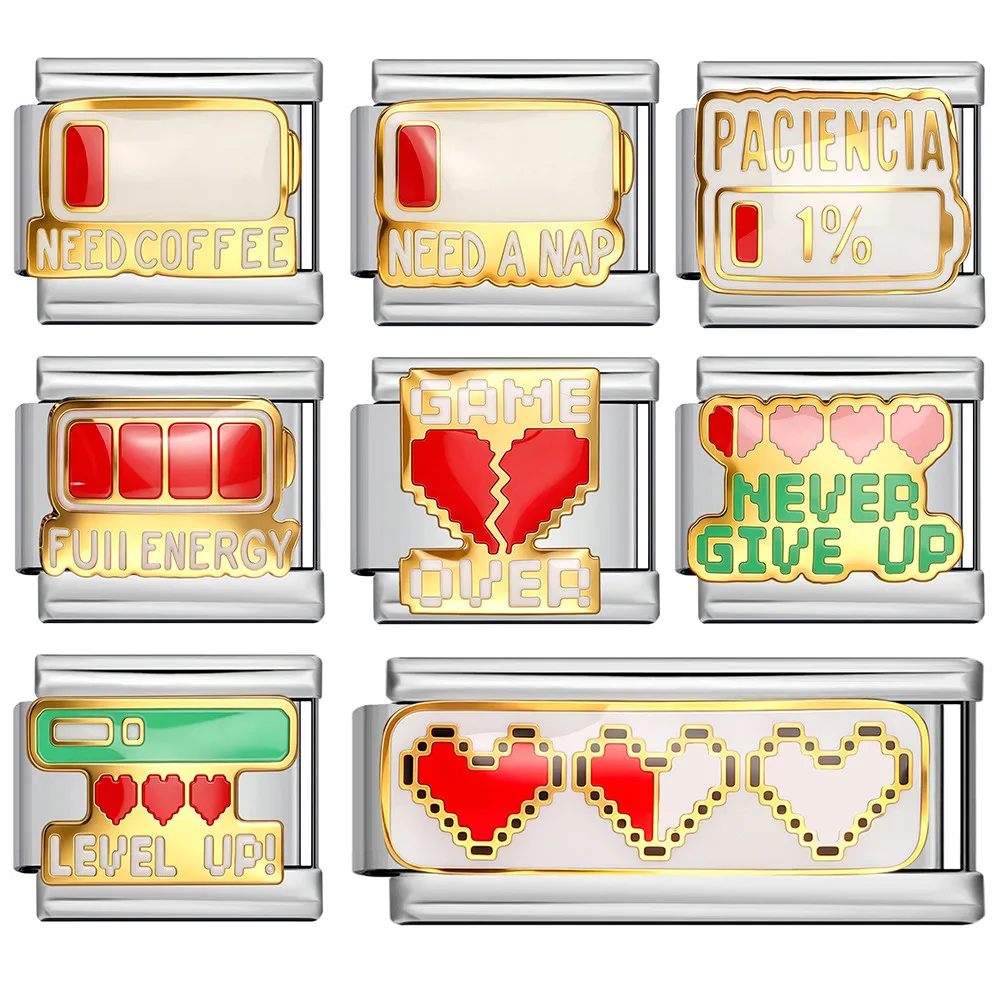 Italian Charm Bracelet Stainless Steel Modular Links Retro 8-Bit Gamer Pixel Heart Level Up Enamel Charms Personalized Jewelry