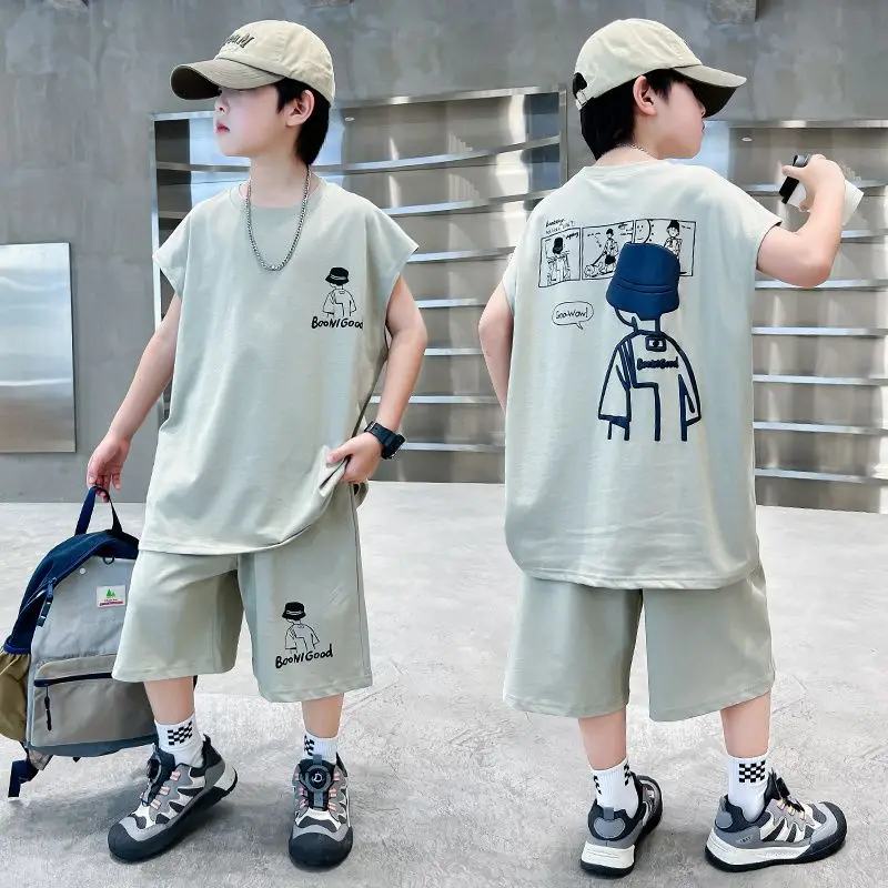Boys' Loose Sleeveless Vest Set Summer Thin Cartoon Comic Portrait Boys' Tank Top and Shorts Two-Piece Set Children's Clothing