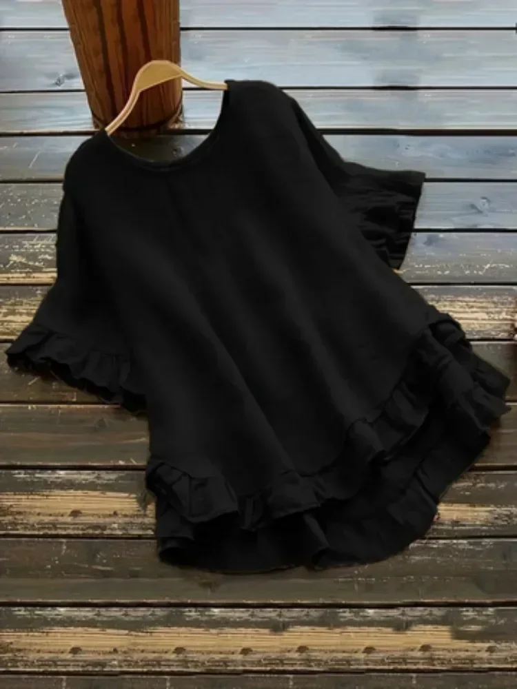 

Plus Size 1XL-5XL New Women's Solid Color Casual Ladies Ruffled Hem Women's Back Button Up Top Short Sleeved Round Neck T-Shirt