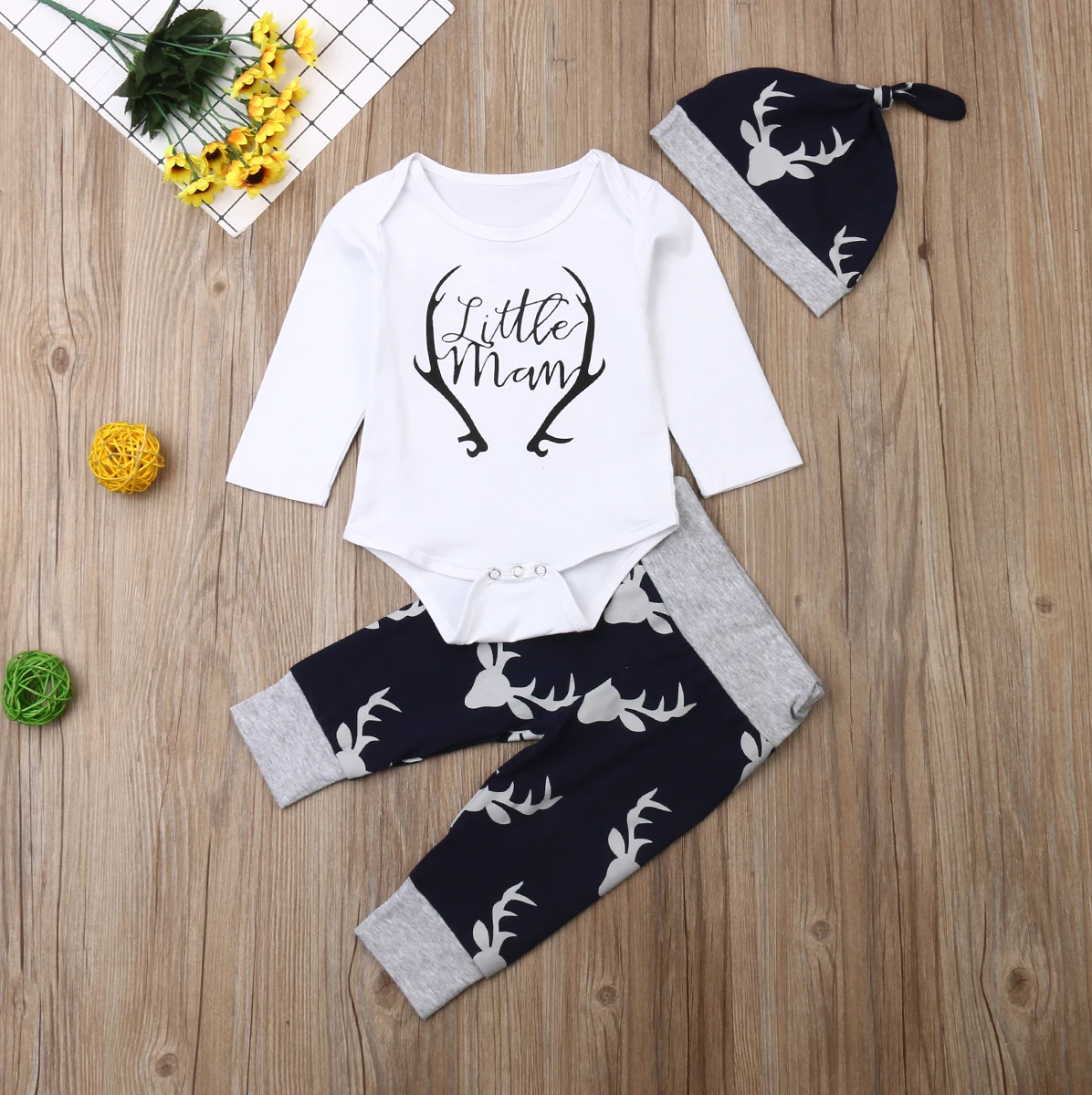 Baby s Clothing Set Letter Pattern Long Sleeve Romper and Print Pants and Hat Three-piece Suit for Toddler Boys Girls