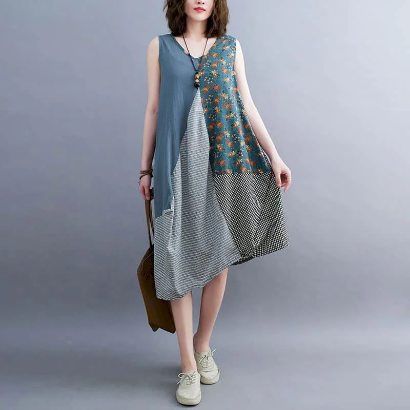 

Women Dresses Vintage Patchwork A-line Oversized Korean Style Sleeveless Mid-calf Literary V-neck Long Dress for Women Clothing