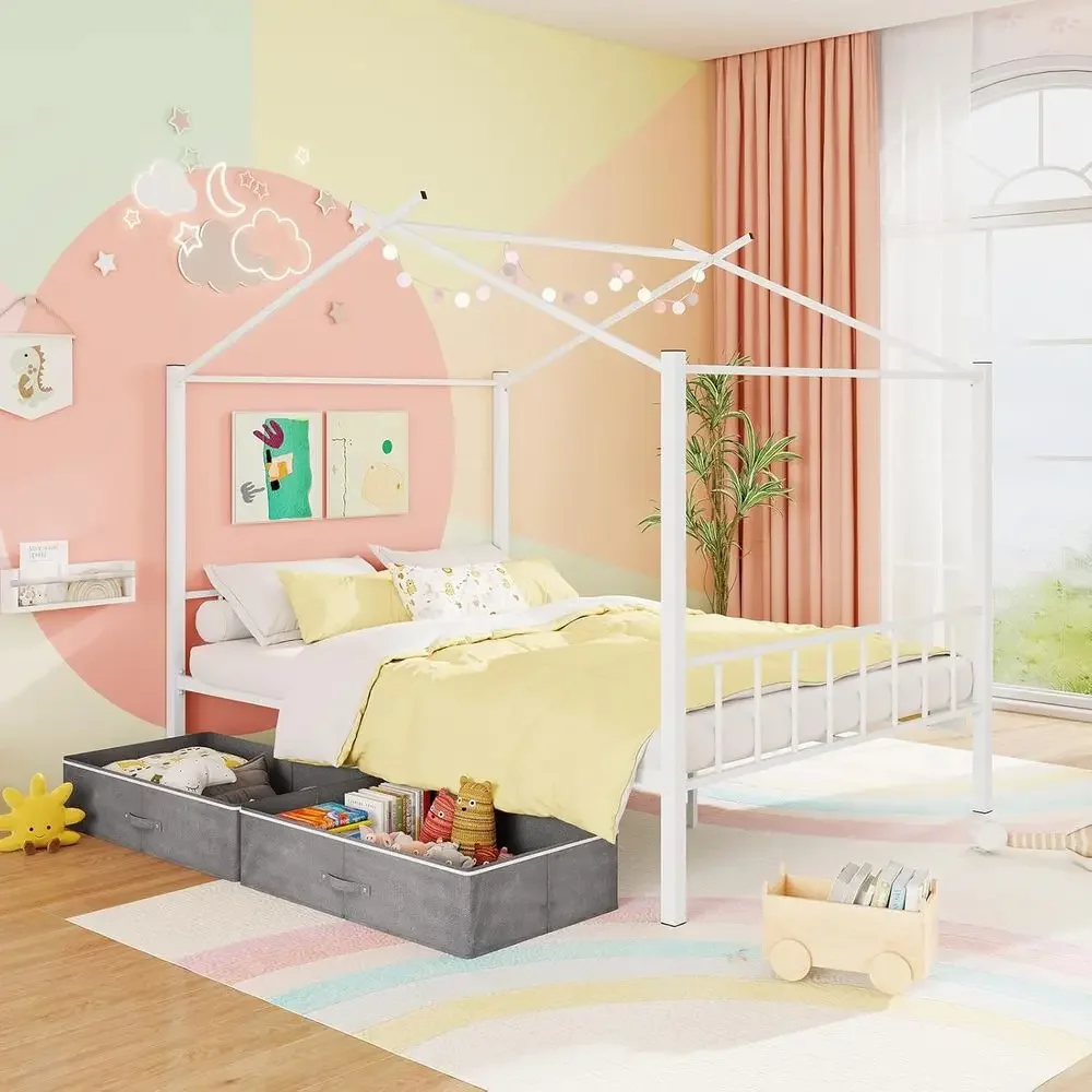

ull Size House Bed with 2 Storage Ders, Metal Montori Bed e with board & ootboard, ull House Beds or Kids Girls Boys, No Box Spr