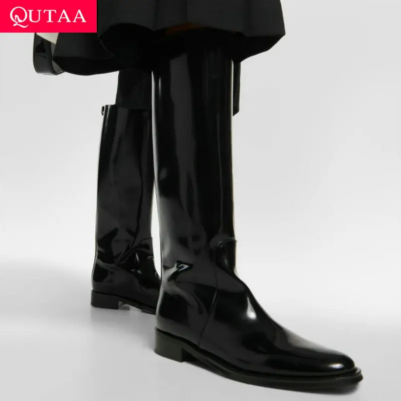 

QUTAA 2025 Women Knee High Boots Leather Motorcycle Shoes High Heel Winter Woman Round Toe Fashion High Boots Lady Size 34-40