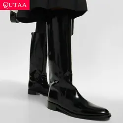 QUTAA 2025 Damskie buty do kolan Skórzane buty motocyklowe Wysoki obcas Zimowe buty damskie Okrągłe palce Moda Wysokie buty damskie Rozmiar 34-40