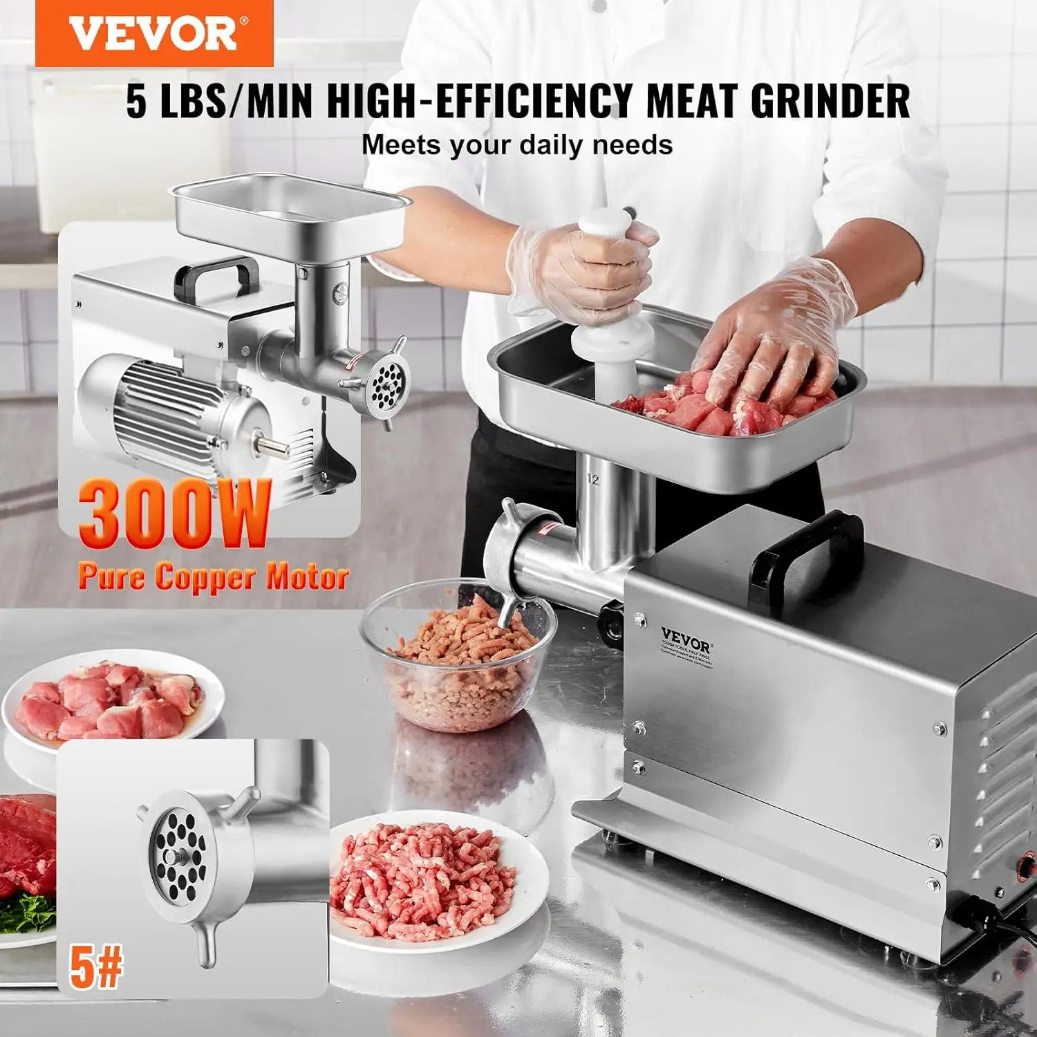 Grinder, 5 Lbs/Min Capacity Electric Meat Grinders with Blade, Grinding Plate, Sausage Maker, Stainless Steel Commercial Meat Mi