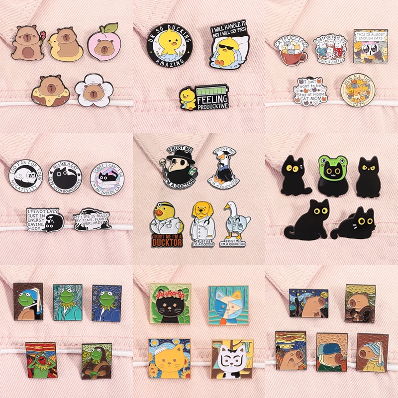 2-5pcs/set Anime Cartoon Animal Enamel Pins Oil Painting The Scream Cat Capybara Brooches Lapel Badge Jewelry Gifts For Friends