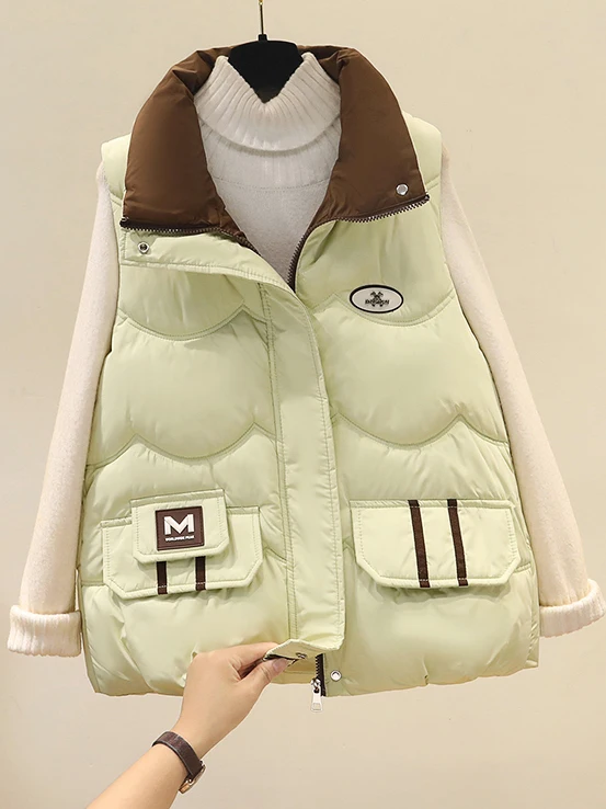 Women's down Cotton Vest Loose Fit Stand Collar ort Sle Autumn Winter Faionable Small Size Commute Sle Zipper Splice