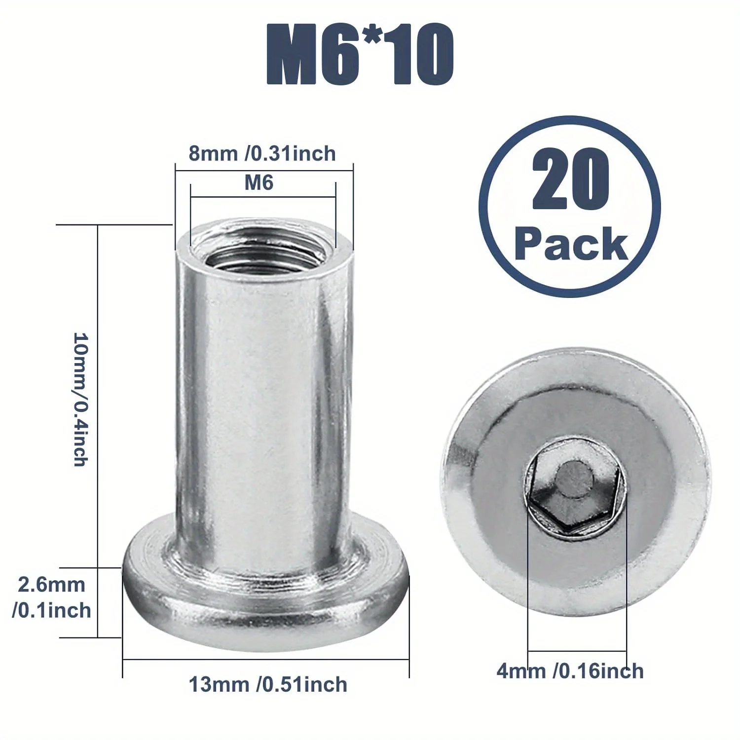 10/20Pack M6 x 10/20/30/40mm stainless steel hexagonal furniture bolt, terminal screw, embedded nut, countersunk hexagonal nut