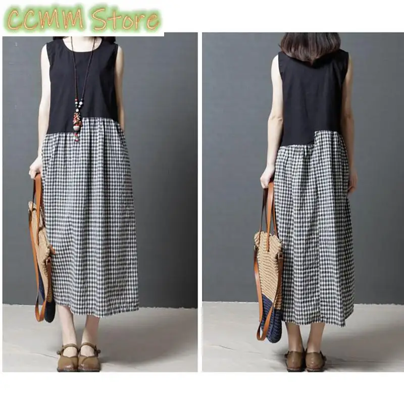 Fashion O-Neck Spliced Loose Printed Plaid Sleeveless Dress Women's Clothing Summer New Oversized All-match Casual Dresses