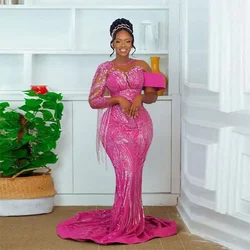Aso Ebi African Lace Plus Size Evening Gowns Black Girls Sweep Train Wedding Party Dress Vestidos Hot Pink Mermaid Prom Dresses
