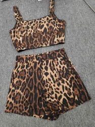 Traje Retro de dos piezas para mujer, top de tubo con tirantes pequeños y pantalones cortos de pierna ancha de cintura alta, estampado de leopardo de algodón, novedad de verano