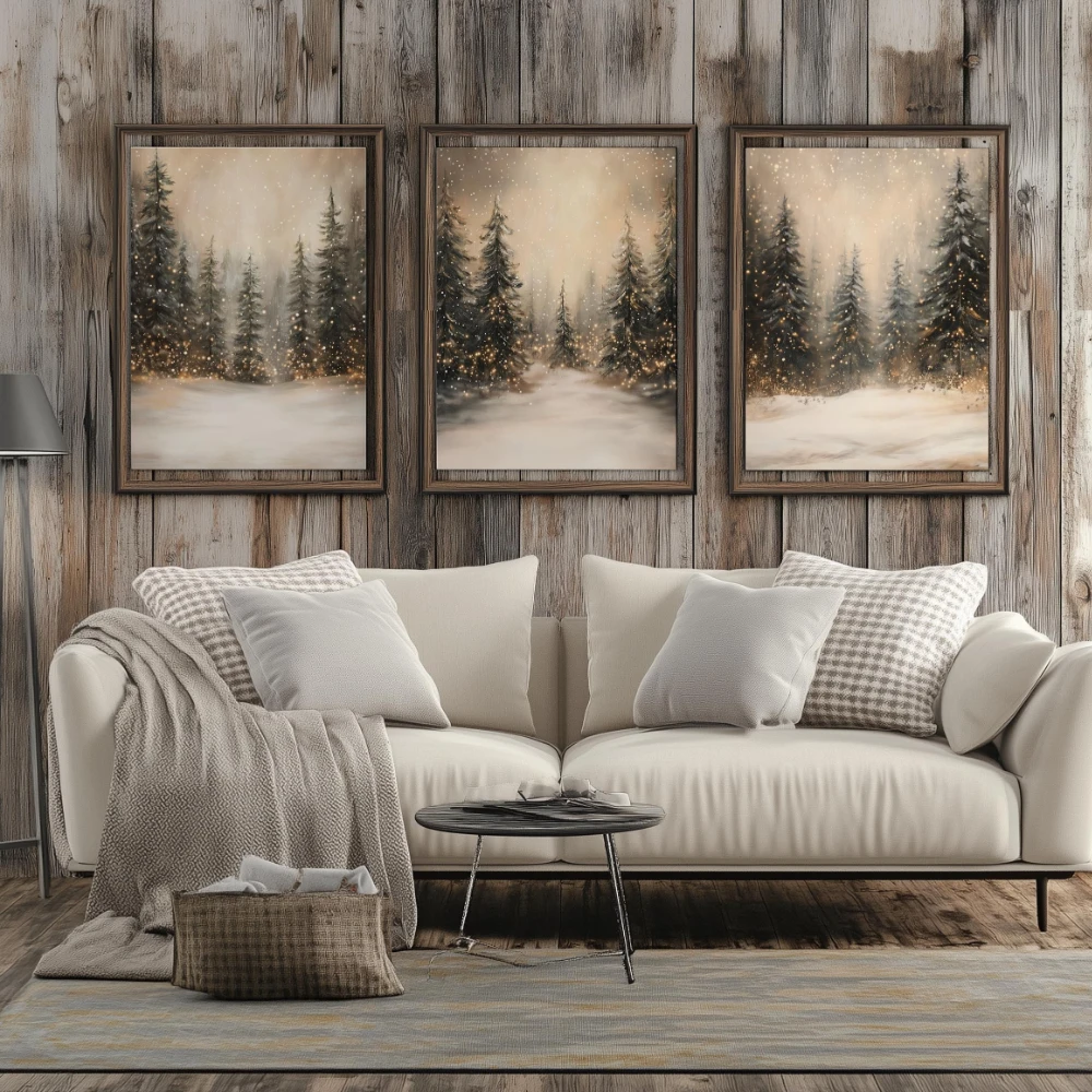 Winter Forest and Lights Wall Art SET of 3  Print Snowy Evergreen Christmas Rustic Holiday Decor Canvas Poster Prints Home Decor