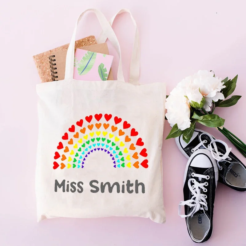 Eco Harajuku Aesthetic School Bags Teacher Gift Personalised Rainbow Teacher Shoulder Bag Custom Name Women Canvas Shopping Bag