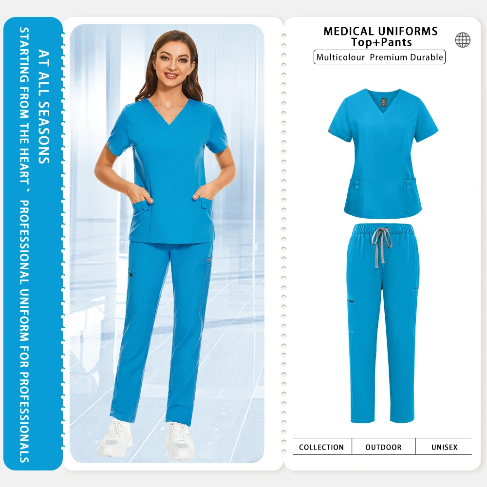 Conjunto de esfoliantes unissex, roupa de trabalho de enfermagem, uniformes cirúrgicos hospitalares, uniformes de beleza, mulher, enfermeira, médico, laboratório, farmácia, top + calça