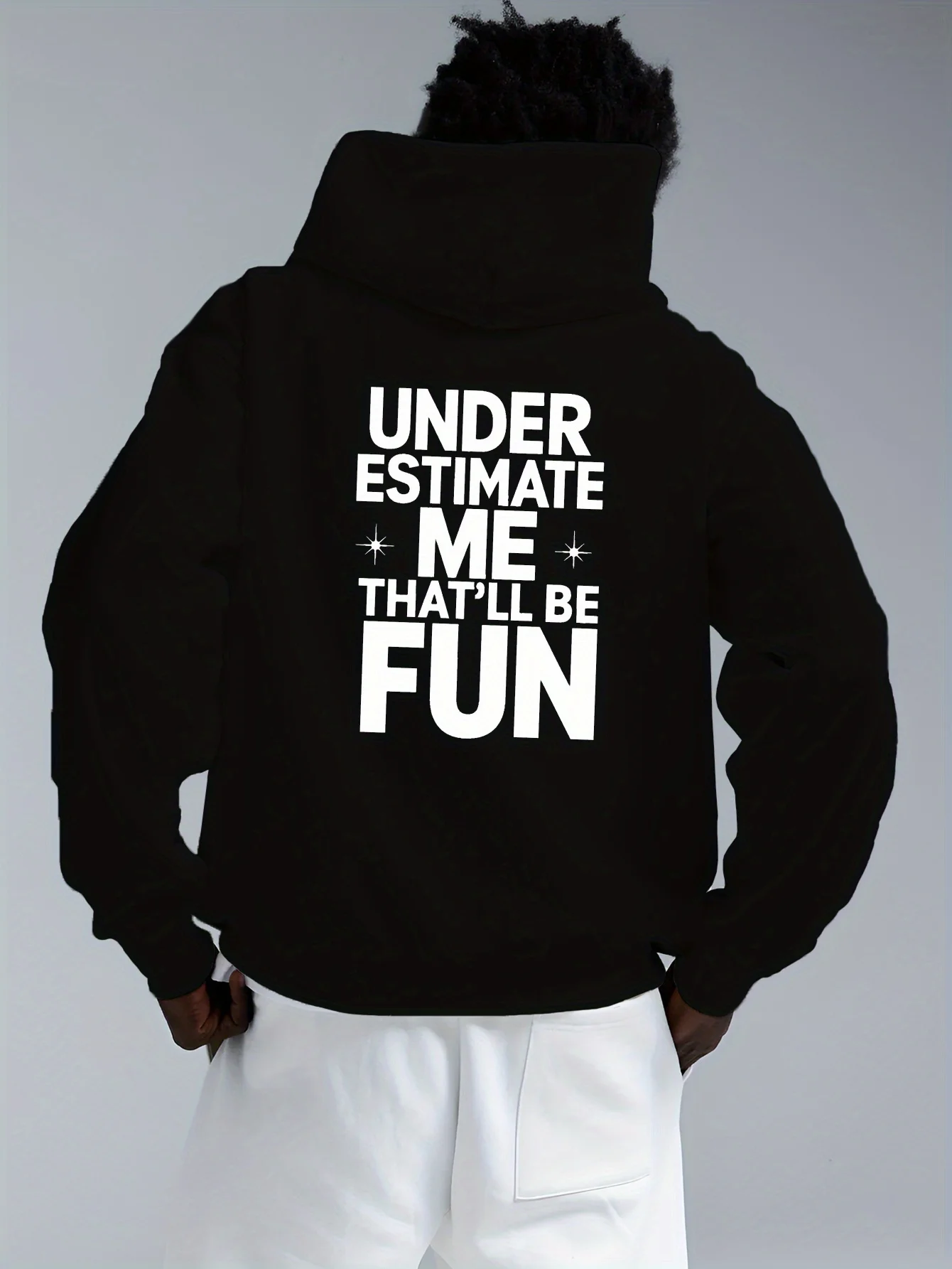 سترة بغطاء للرأس - تصميم "Underestimate Me" مطبوع على شكل نجمة، كاجوال وفضفاض، سترة كاجوال بغطاء للرأس #1