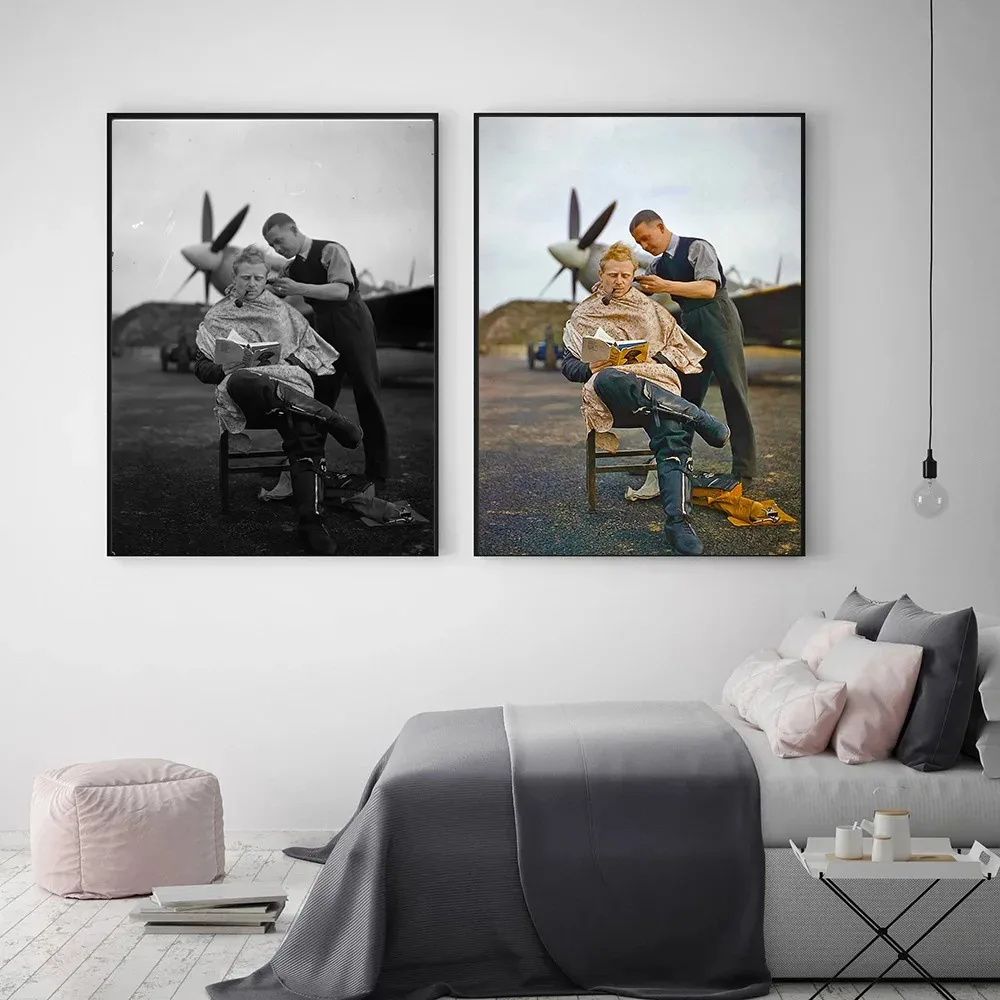 صور عتيقة لتزيين صالون الشعر ، شائكة الطيارين في الحرب العالمية الثانية ، مطبوعات بالأبيض والأسود ، فن حلاقة متجر الحلاقة ، تصفيف الشعر من قماش الكانفاس