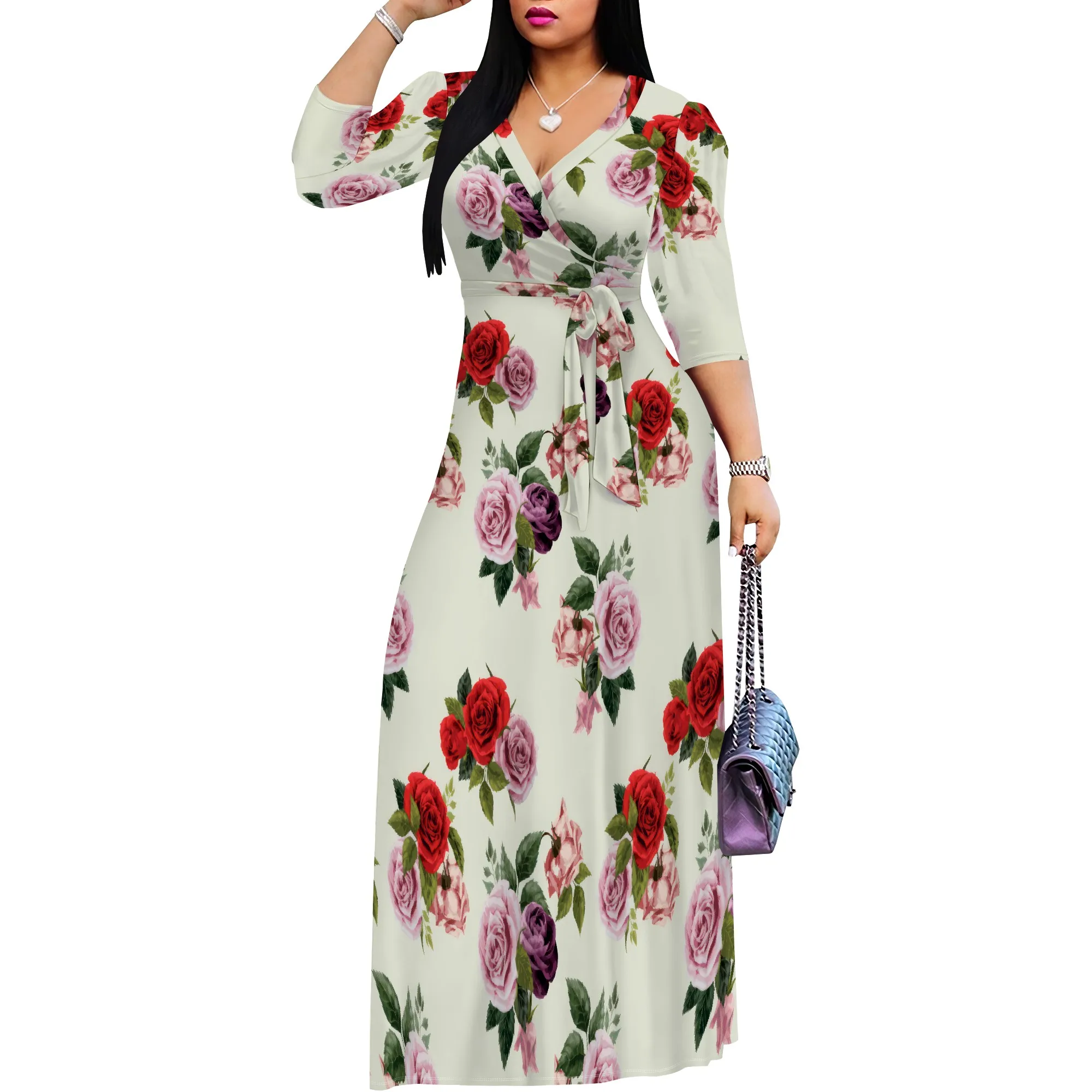 Mehrfarbiges Wickel-Maxikleid mit Rosenmuster, Übergröße, elegantes Frühlings-Hochzeitsgast-Partykleid