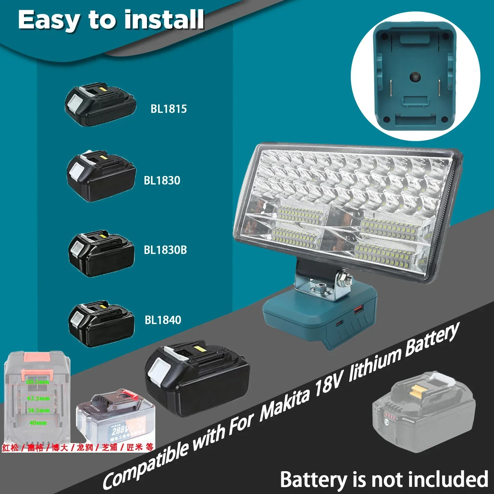 รถ LED โคมไฟทํางานไฟฉายไฟฉาย Spotlight ประเภท C USB Power Bank สําหรับ Makita Lomvum Zhipu Hongsong 18V Li-Ion แบตเตอรี่