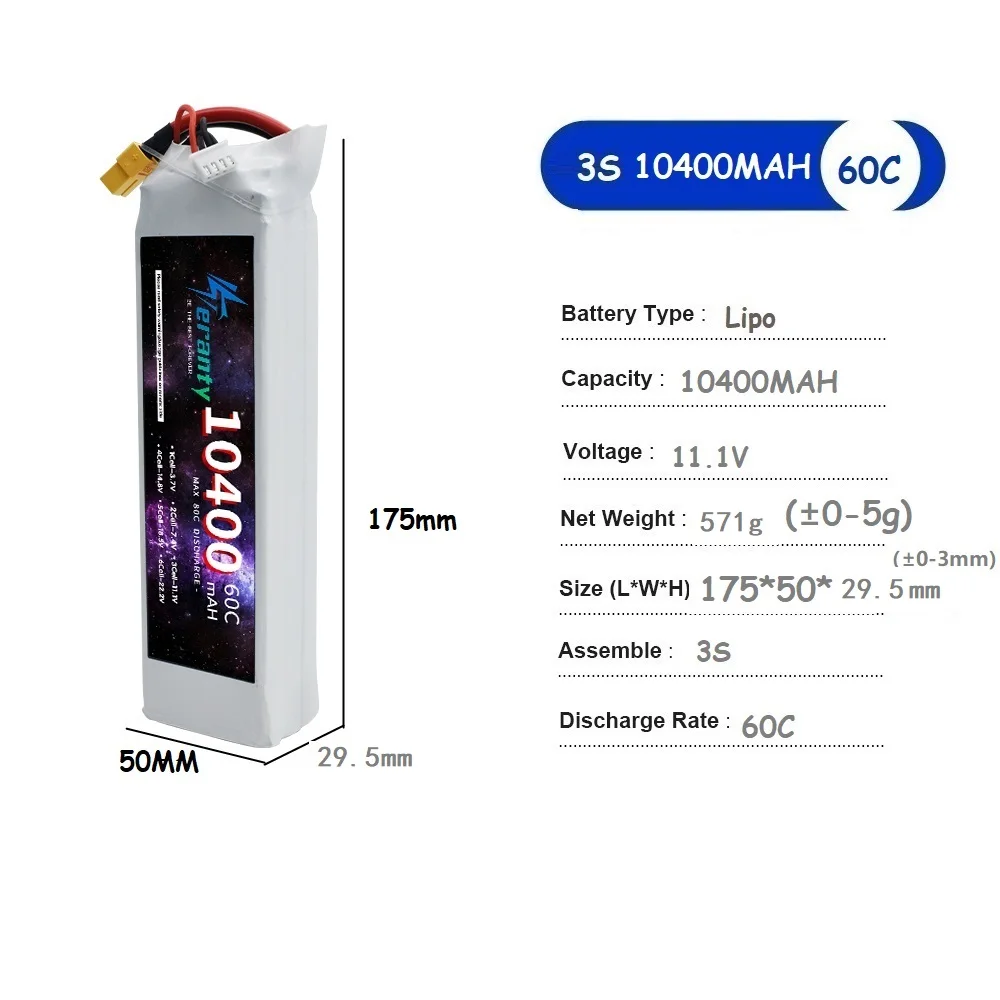 TERANTY-Batterie Litio Polimérica 3S, 11.1V, 10400mAh, Lipo, 60C, Voiture RC, Drone, Carreras, Hobby, Recargable, Quadrotor,