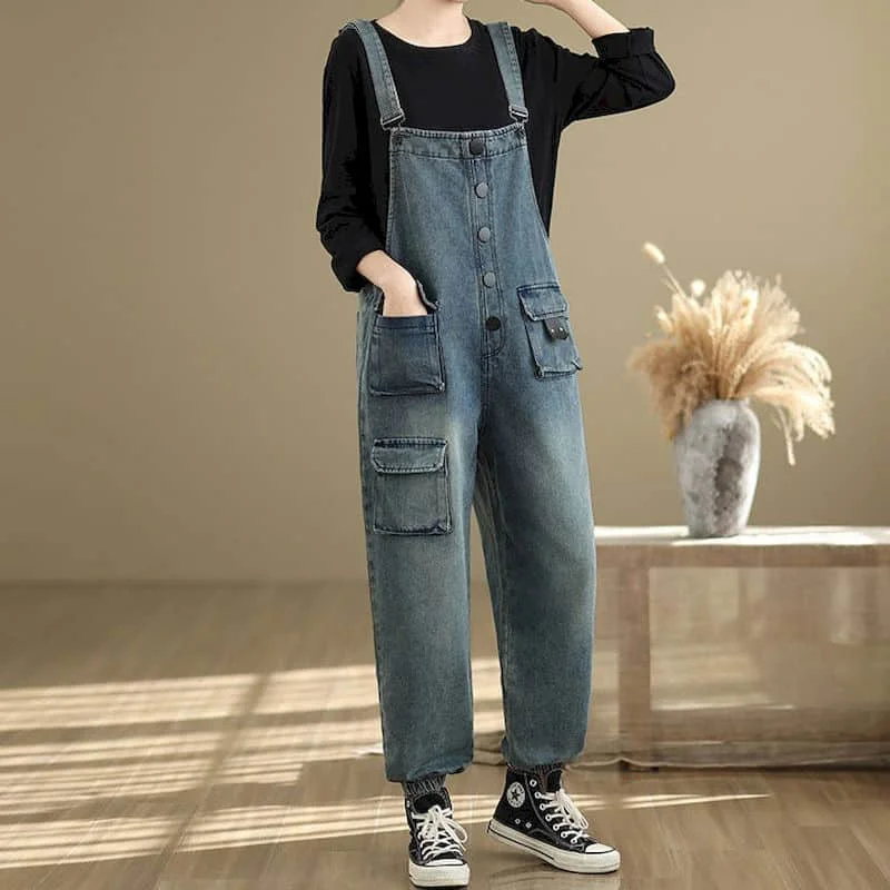 

Workwear Jumpsuits Loose Casual Harem Pants Korean Style Jeans Vintage Artistic Rompers One Piece Outfits Autumn Women Clothing