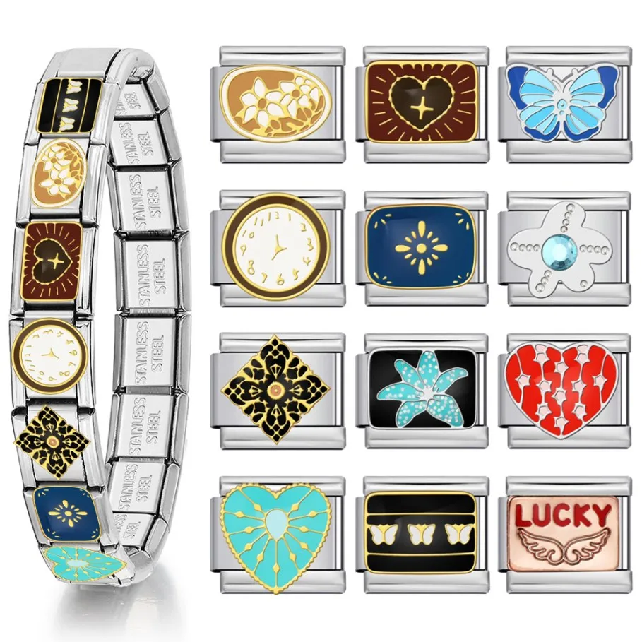 1pc Italian Link fit 9mm Fashion Charm Butterfly Flower Hearts Clock Bracelet DIY Stainless Steel Ancient Retro Style Jewelry