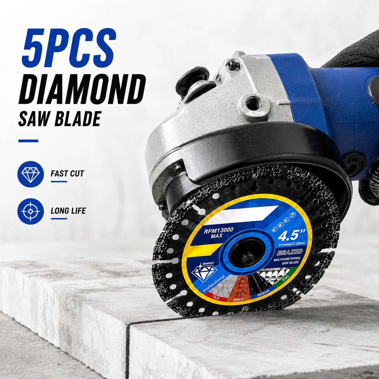 5pcs Diamond Cutting Blades 4.5 Inch, Brazed Multi-Functional Saw Discs for Rebar, Metal, Concrete, Brick, Tile and PVC Pipe, Durable Diamond Edge,Angle Grinder Accessories for Construction Sites, Remodeling,Repair and General Workshop Cutting Tasks