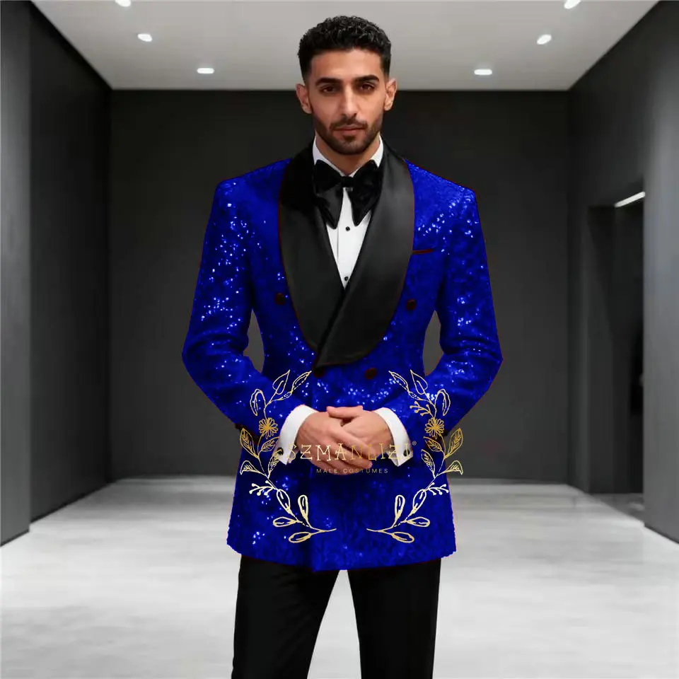 

Sparkly Wedding Tuxedos Double Breasted Royal Blue Sequins Men Suit Shawl Lapel 2 Piece Set Jacket Pant Groom Business Blazers
