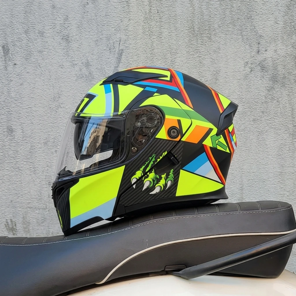 Flip Up Motorcycle Helmet Dual Visor DOT Certified Full Face Helmet,Claw Graffiti Colorful Geometric Motorbike Helmet Breathable