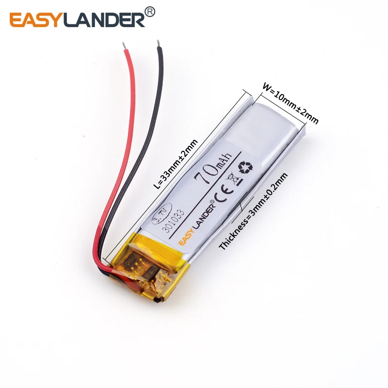 

10pcs /Lot lithium Li ion polymer rechargeable battery 301033 70mAh MP4 MP3 Bluetooth earphone small toy sound recording pen