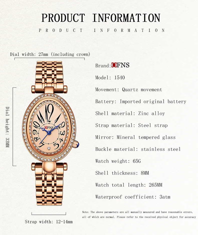 OFNS جديد 1540 عصرية عادية ريترو ستايل الماس مطعمة البيضاوي ساعة كوارتز مقاوم للماء ريترو الصلب حزام ساعة 2025