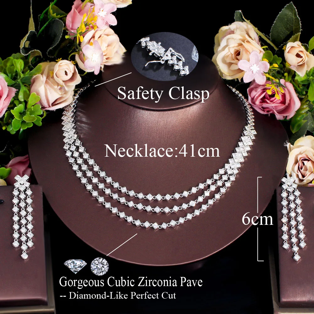 CWWZircons Bling White Cubic Zirconia Pave Big Statement 3 Layered Wedding Bridal Dress Necklace and Earrings Jewelry Sets T704