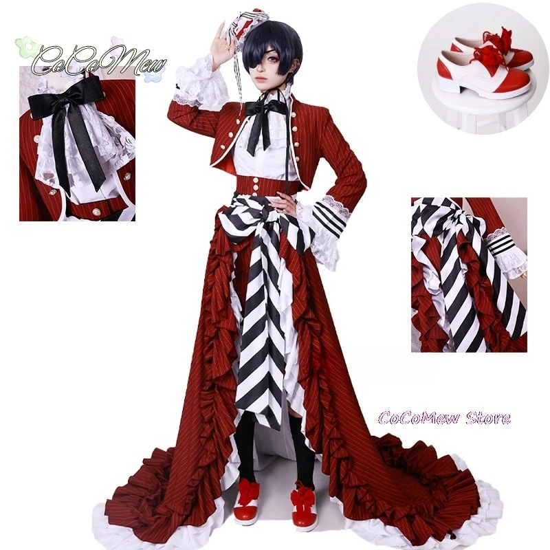 

Ciel Black Tea Cup Cosplay Costume Butler Victorian-style Gown Red Gothic Lolita Long Dress Set Wig Halloween Party Costume