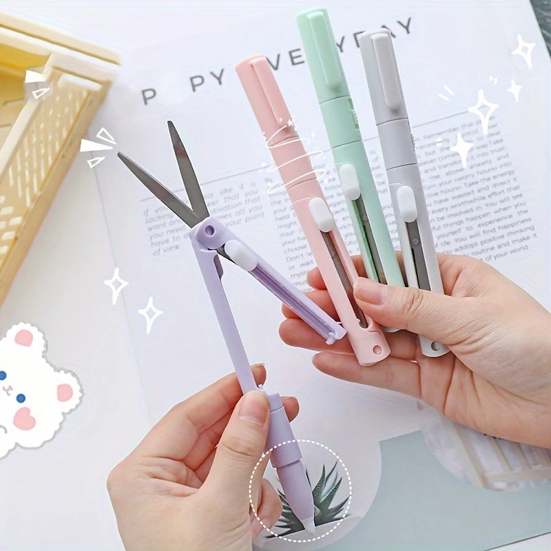 Mini Colorful Folding Scissors Paper Cutter Knife 2 In 1 Multifunctional Pocket Pen Shape Scrapbooking Carving Cutting Art Tools