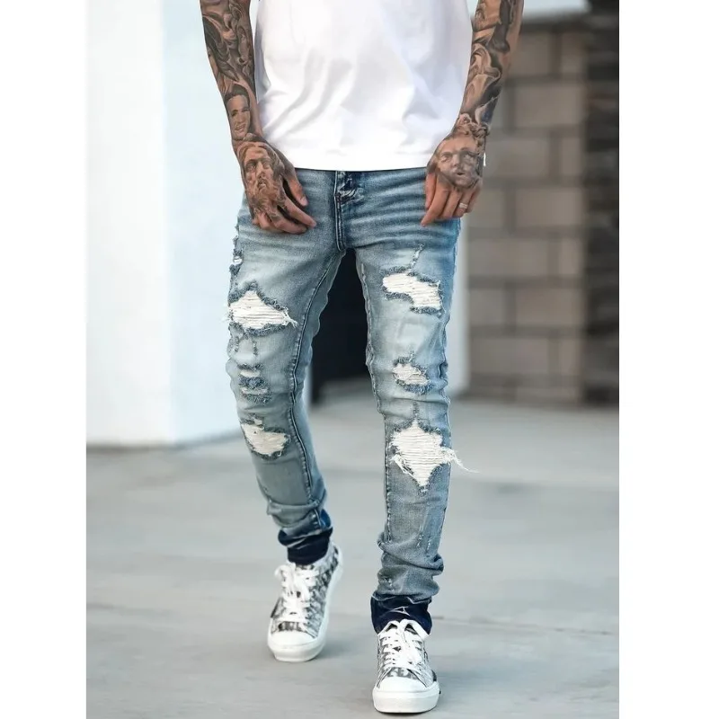 

Мужская мода, модные рваные джинсы в уличном стиле, роскошные брендовые джинсы, мужская одежда, уличная одежда для мужчин, джинсовые брюки со слезами со стразами