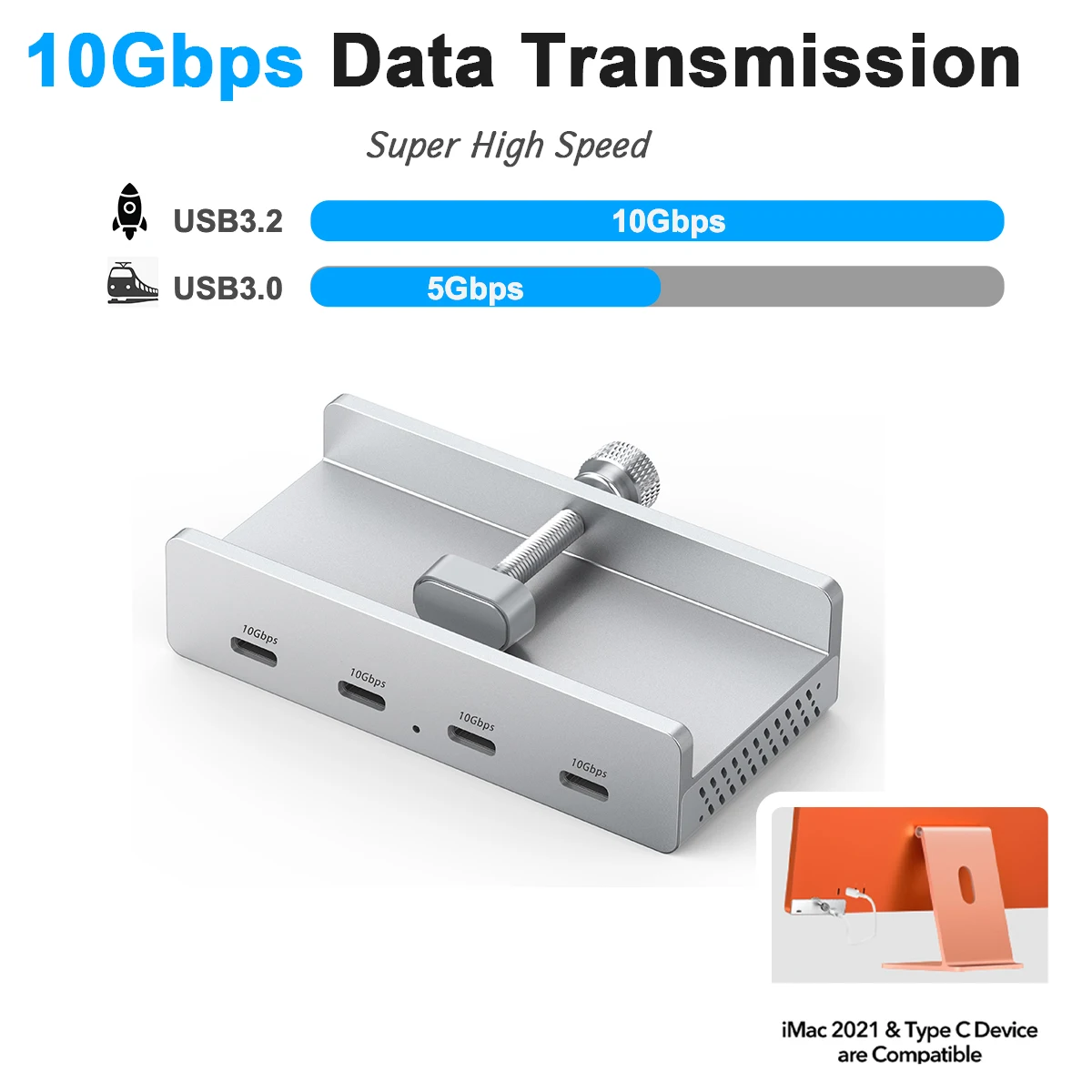 Space Saving USB Hub, Monitor Clip Design 10Gbps, Aluminum 4-Port USB C & A Hub for TikTok Setup 4A/4C/3A1C/2A2C/2A1CTS