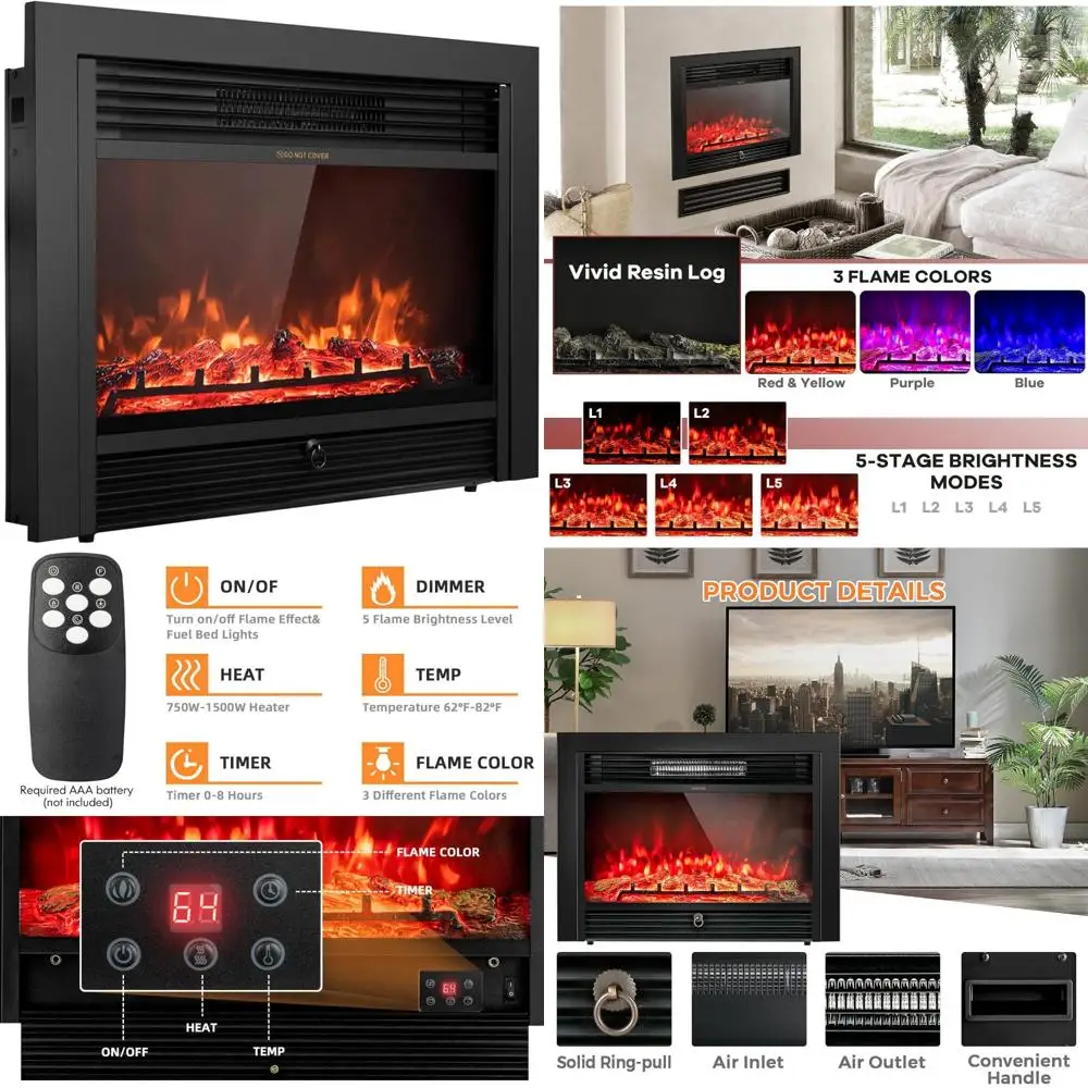 Electric Wall-Mounted Fireplace Insert with Remote, 3 Adjustable Flame Colors, Freestanding Design