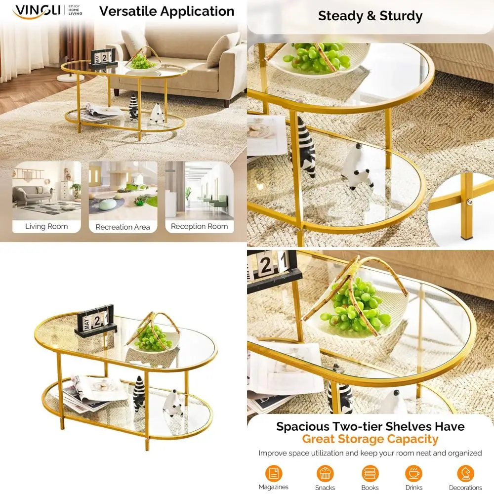 

Овальный стеклянный кофейный столик цвета шампанского золота 38 с 2-уровневым хранилищем для хранения, для гостиной и офиса, идеально подходит для небольших помещений