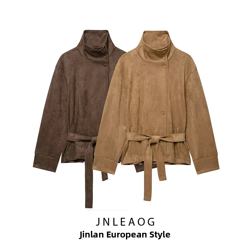 JNLEAOG Autumn New Women's Commute Style Belted Velvet Texture Coat Long Sleeve Stand Collar Button Closure Polyester Fibre