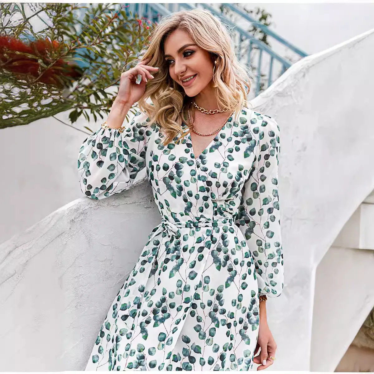 الربيع الصيف الأزهار طباعة طويلة Sve عطلة اين لو المرأة الدكتور ألف خط Sle عالية الخصر محبوك ألياف البوليستر